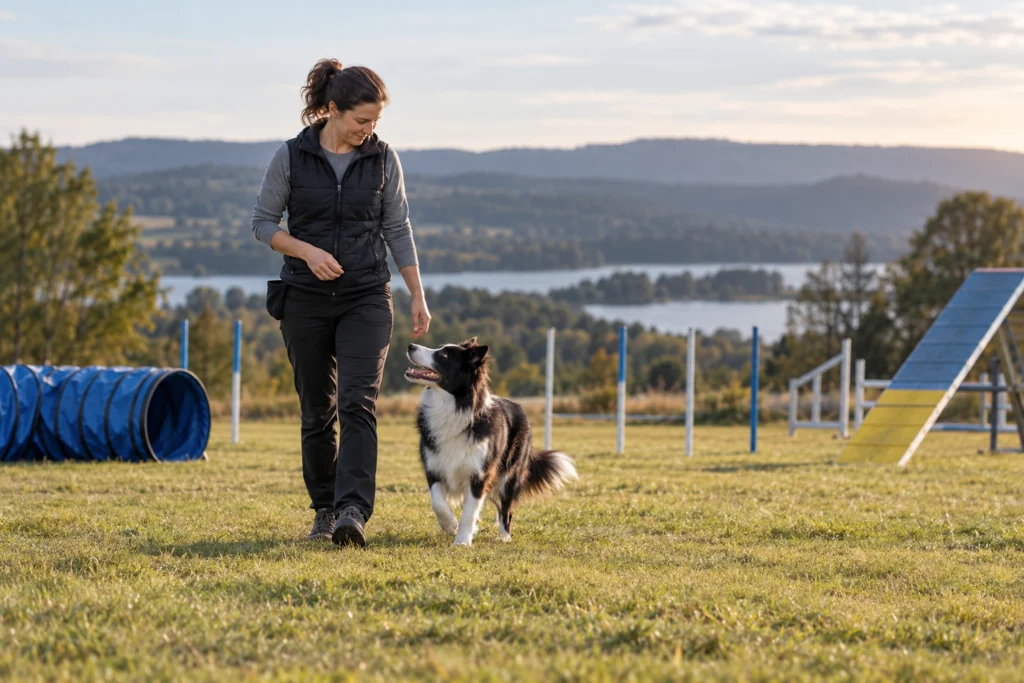 Erwachsener Mensch und Hund üben ruhig auf freier Fläche neben einem abgesperrten ungenutzten Agility-Parcours.