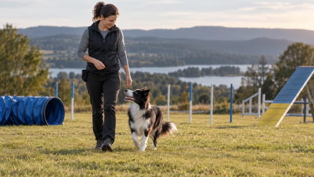 Erwachsener Mensch und Hund üben ruhig auf freier Fläche neben einem abgesperrten ungenutzten Agility-Parcours.