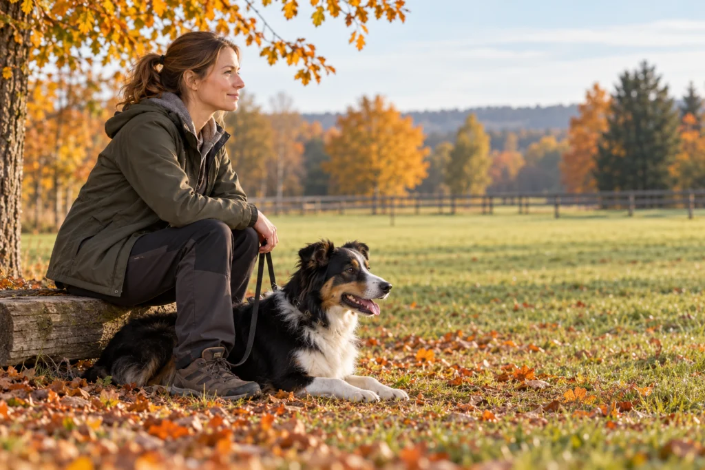 Erwachsener Mensch und Hund machen eine ruhige Pause am Rand eines herbstlichen Trainingsgeländes.