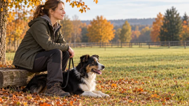 Erwachsener Mensch und Hund machen eine ruhige Pause am Rand eines herbstlichen Trainingsgeländes.