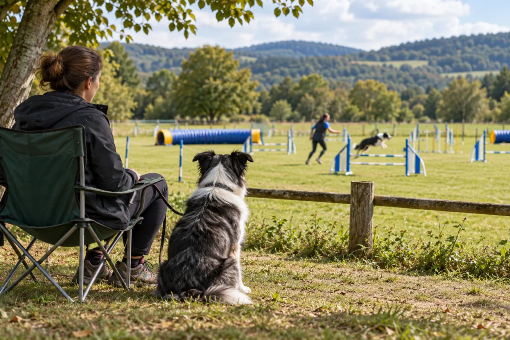 Erwachsener Zuschauer mit angeleintem Hund steht mit Abstand am Rand eines Hundesportgeländes.