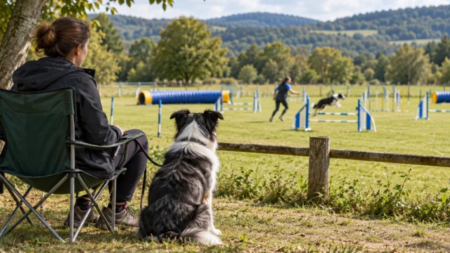 Erwachsener Zuschauer mit angeleintem Hund steht mit Abstand am Rand eines Hundesportgeländes.