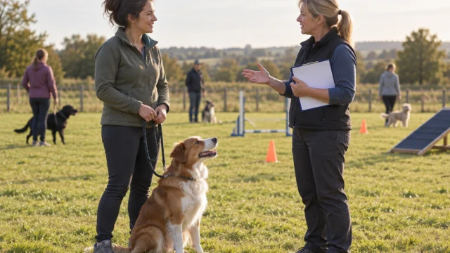 Erwachsener Mensch mit Hund spricht aus ruhiger Entfernung mit einer Trainingsperson am Vereinsgelände.