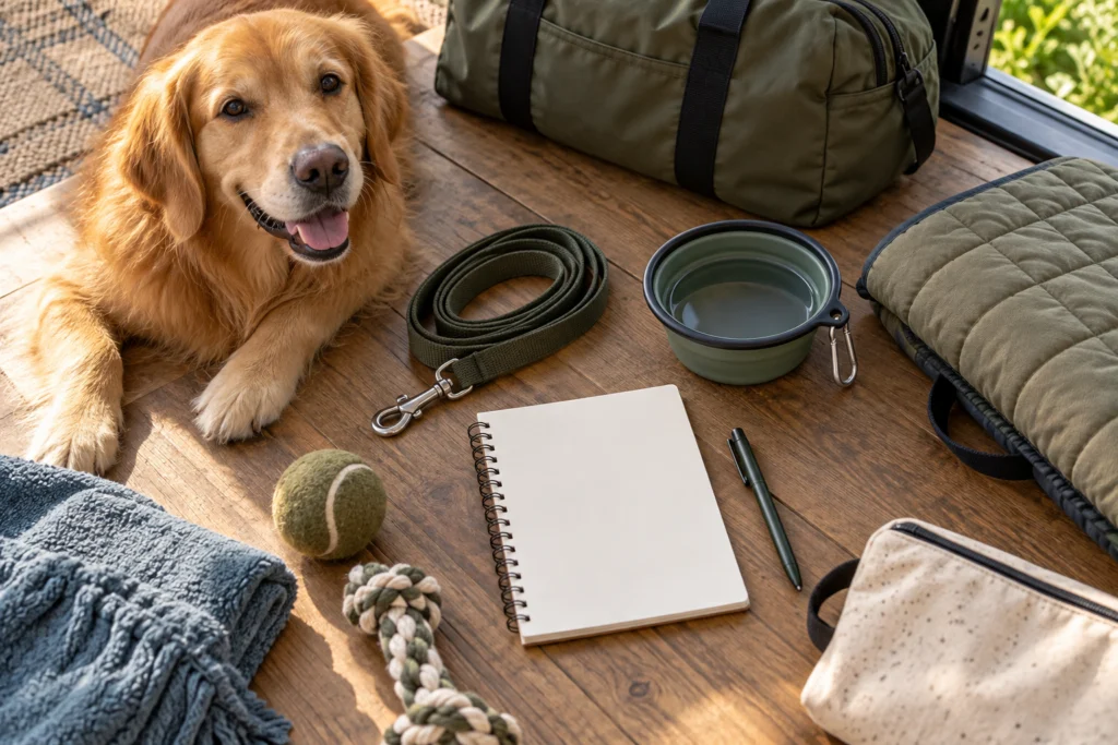 Geordnete Reisesachen für einen Hund mit Wassergefäß, Leine, Unterlage und einer neutralen Packliste.