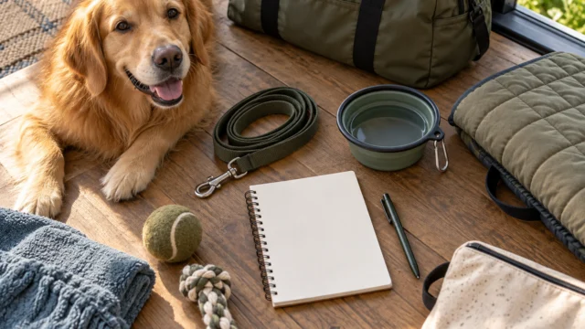 Geordnete Reisesachen für einen Hund mit Wassergefäß, Leine, Unterlage und einer neutralen Packliste.