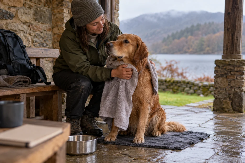 Hund und erwachsener Mensch stehen nach einem nassen Weg in einem geschützten ruhigen Bereich neben einem sauberen Handtuch.