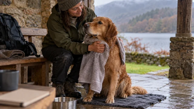 Hund und erwachsener Mensch stehen nach einem nassen Weg in einem geschützten ruhigen Bereich neben einem sauberen Handtuch.