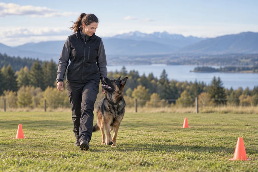 Erwachsener Mensch und Hund arbeiten ruhig auf freier Fläche mit wenigen neutralen Bodenmarkierungen.
