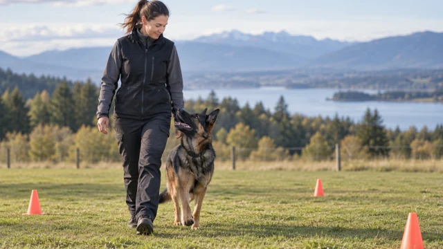 Erwachsener Mensch und Hund arbeiten ruhig auf freier Fläche mit wenigen neutralen Bodenmarkierungen.
