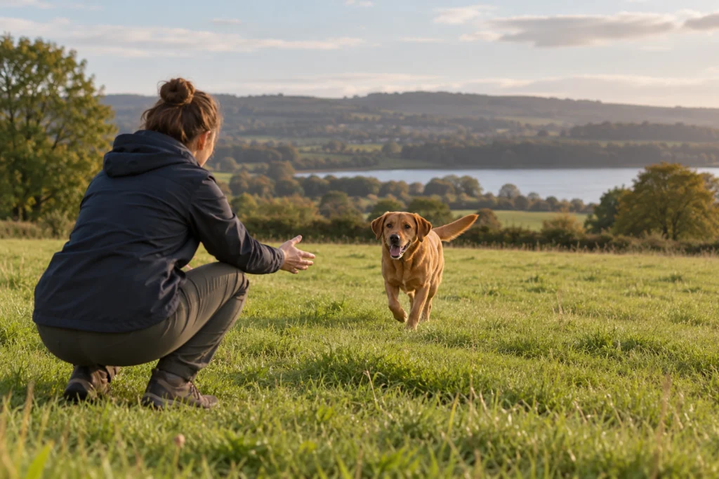 Erwachsener Mensch und Hund arbeiten mit Abstand auf einer ruhigen gesicherten Wiese.