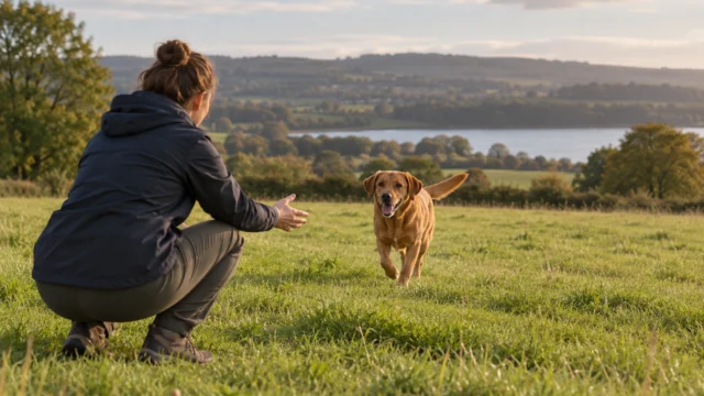 Erwachsener Mensch und Hund arbeiten mit Abstand auf einer ruhigen gesicherten Wiese.