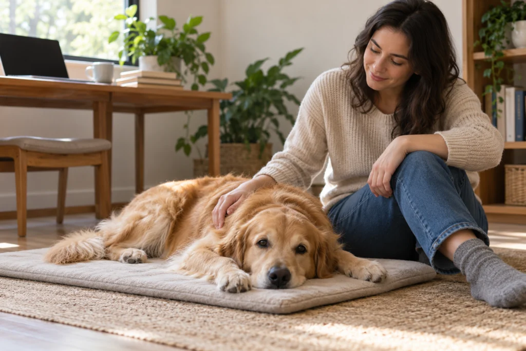 Ein Hund liegt entspannt auf einer schlichten Decke in einem ruhigen Bereich neben einer erwachsenen Person.