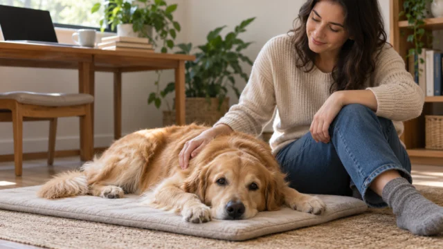 Ein Hund liegt entspannt auf einer schlichten Decke in einem ruhigen Bereich neben einer erwachsenen Person.