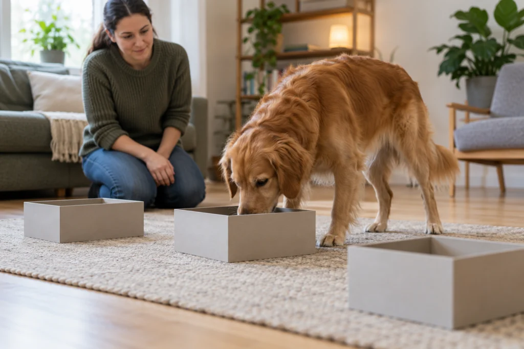 Ein Hund untersucht ruhig eine einfache Suchaufgabe mit wenigen offenen neutralen Behältern unter Aufsicht.