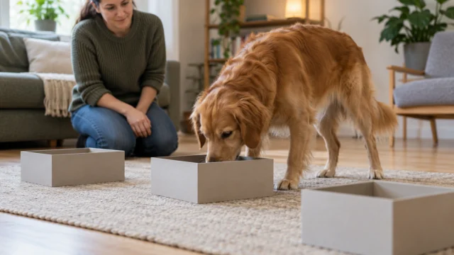 Ein Hund untersucht ruhig eine einfache Suchaufgabe mit wenigen offenen neutralen Behältern unter Aufsicht.