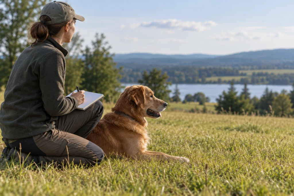 Hund und erwachsener Mensch stehen entspannt neben einem Trainingsnotizbuch und einer unbenutzten Leine.