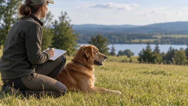 Hund und erwachsener Mensch stehen entspannt neben einem Trainingsnotizbuch und einer unbenutzten Leine.