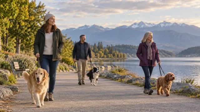 Kleine Gruppe erwachsener Menschen geht mit angeleinten Hunden und großzügigem Abstand auf einem breiten Weg.