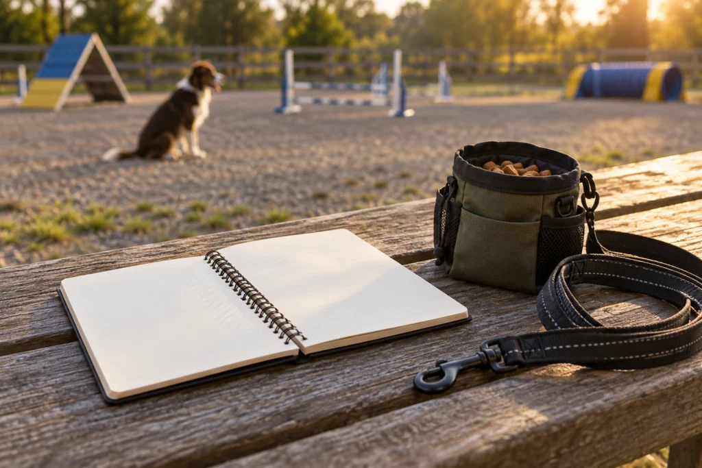 Offenes Trainingstagebuch neben Leine und Belohnungsbeutel an einem ruhigen Hundeplatz.