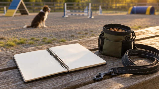 Offenes Trainingstagebuch neben Leine und Belohnungsbeutel an einem ruhigen Hundeplatz.