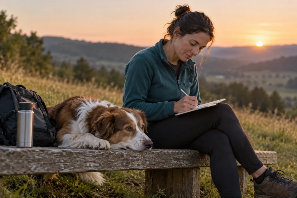 Erwachsener Mensch schreibt eine kleine Trainingsnotiz, während der Hund ruhig daneben wartet.