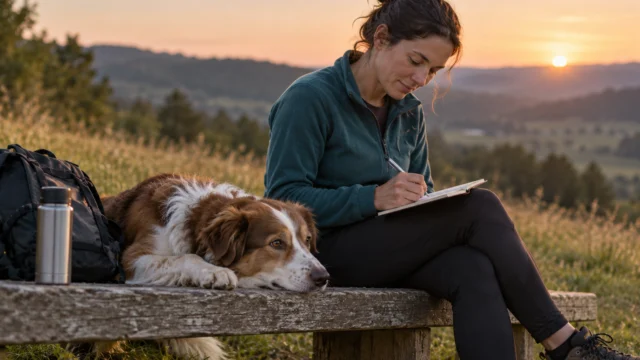 Erwachsener Mensch schreibt eine kleine Trainingsnotiz, während der Hund ruhig daneben wartet.
