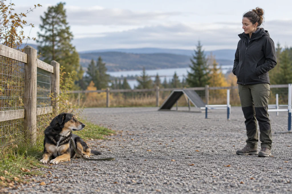 Erwachsener Mensch gibt einem Hund Abstand und Ruhe am Rand einer ungenutzten Trainingsfläche.