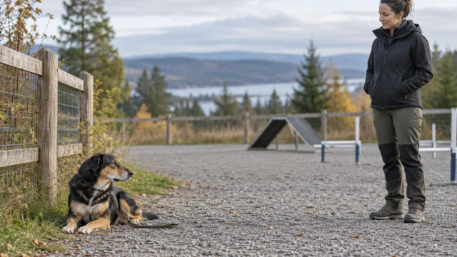 Erwachsener Mensch gibt einem Hund Abstand und Ruhe am Rand einer ungenutzten Trainingsfläche.