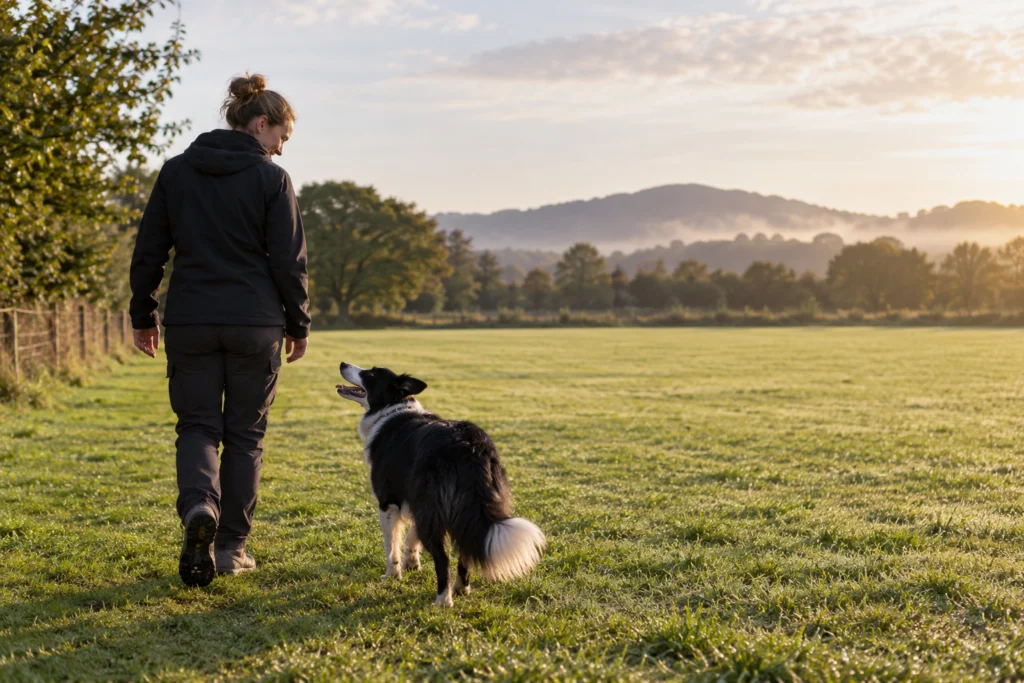 Erwachsener Mensch geht mit Hund ruhig am Rand eines freien Trainingsgeländes, ohne Hindernisarbeit.