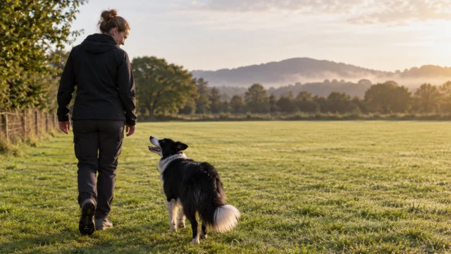 Erwachsener Mensch geht mit Hund ruhig am Rand eines freien Trainingsgeländes, ohne Hindernisarbeit.